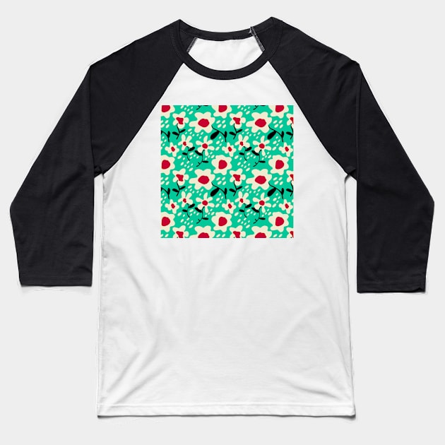 Floral Pattern - Whimsical Flowers (Cyan) Baseball T-Shirt by Whimsical Frank